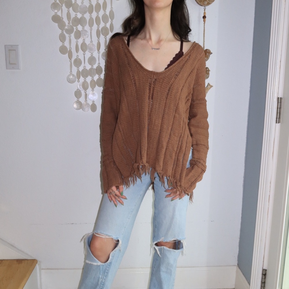 Free People Ocean Drive Distressed Fringe Off-Shoulder Brown Sweater XS